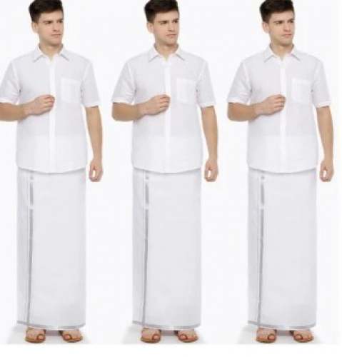 2 Mtr Mens White Dhoti With silver Border by AGS TEXCORP