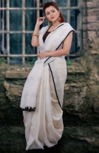 Fancy Linen White Handloom Saree  by Midaz Fashion