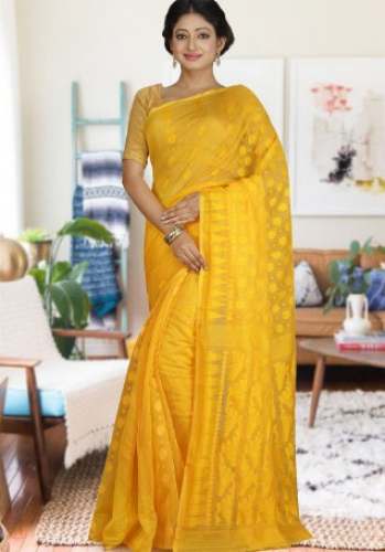 Yellow Hand Woven Dhakai Jamdani saree  by Midaz Fashion