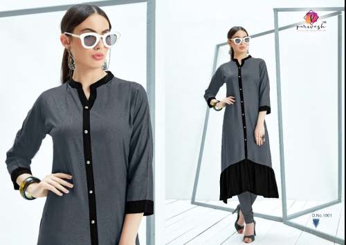 Plain Grey and Black Stand Collar Kurti  by Pooja Kurtis