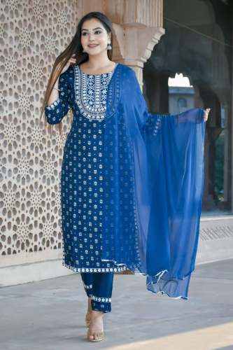 Beautiful Blue Kurti Pant With Dupatta Set  by footari