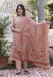 Cotton Jaipuri Print Kurta Pant and Dupatta Set