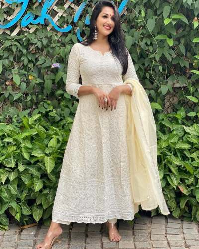 Stylish off White Chikankari Anarkali Kurti