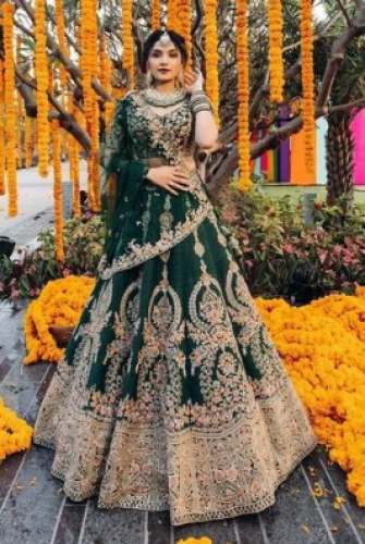 Designer Bridal Wear Green Satin Work Lehenga