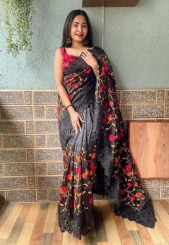 Unique Black Embroidered Organza Saree  by Ahesas Fashion