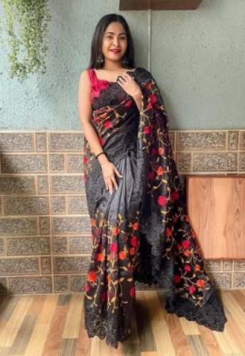 Unique Black Embroidered Organza Saree  by Ahesas Fashion