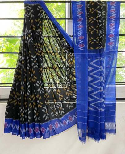 Black And Blue Linen Print Saree 