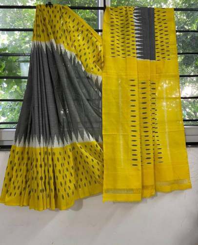Grey N Yellow Linen Digital Print Saree
