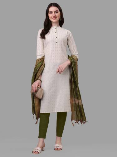 New Off White Cotton Kurti Pant Dupatta Set by Bhakti Enterprise