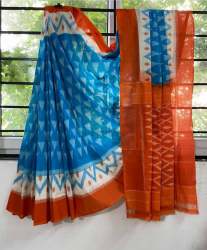 Sky Blue and Orange Linen Print Saree