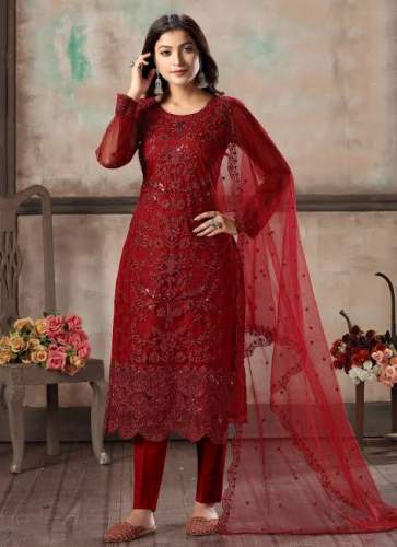 Party Wear Red Embroidered Ladies Suit  by Klassic Kohinoor