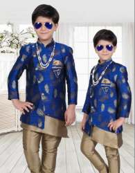Kids Blue Jacquard Boys Indowestern