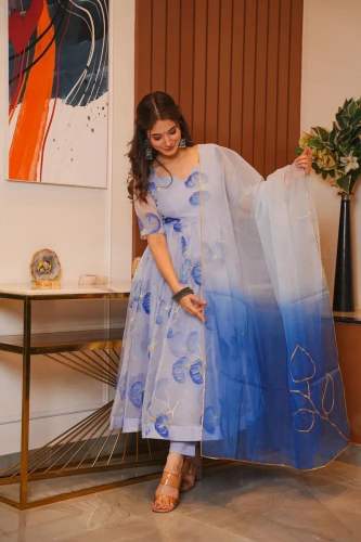 Party Wear Blue Anarkali Organza Suit Gown