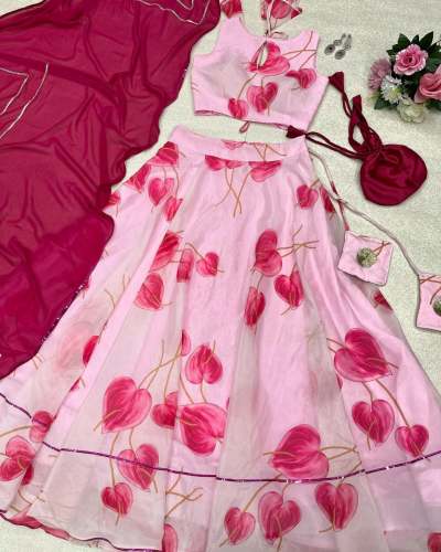 Stylish Organza Print Crop Top Lehenga Choli