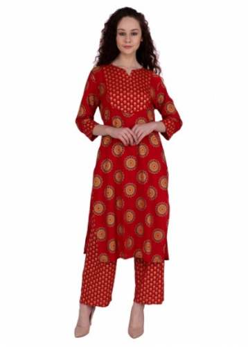 Red Printed Rayon Kurti Pant Set by Kaga Garments