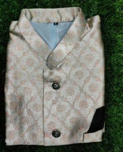 Silk Grey Printed Nehru Jacket For Men by Sai Raj