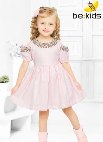 Pink Off Shoulder Embroidered Kids Frock by Be Kids