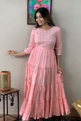 Pink Cotton Embroidery Long Gown