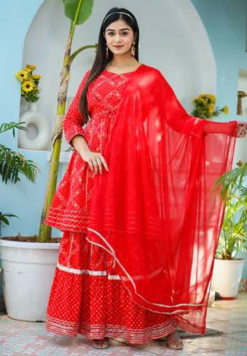 Bandhani Red Peplum Sharara Suit by Kaajh