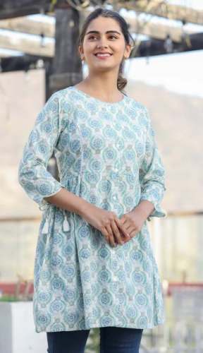 Jaipuri Sky Blue Cotton Tunic Top  by Kaajh