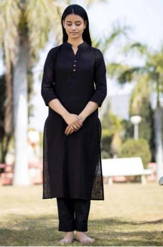Solid Black Stand Collar Kurti With Pant Set  by Kaajh