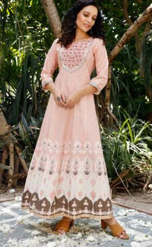 Floral Print Peach Embroidered Gown