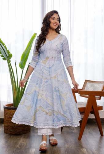 Marble Blue Anarkali Kurta With Pant Set  by Pheeta