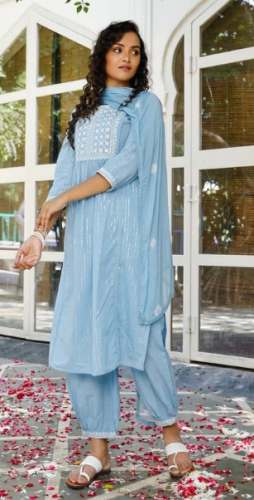 Trendy Sky Blue 3pcs Cotton Suit  by Pheeta