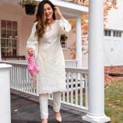 Beautiful White Chikan Kurti Pant Set 