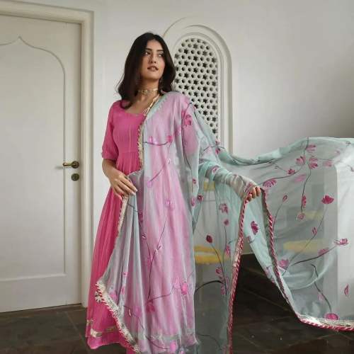 Fancy Plain Pink Anarkali With Designer Dupatta by QUMASH