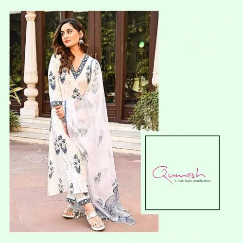 Trending off White Rayon 3pcs Suit  by QUMASH