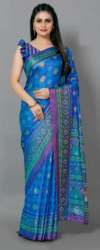 Beautiful Blue Blend Linen Print Saree 