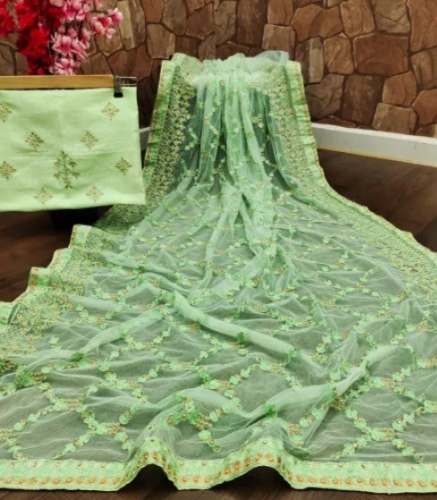 Butterfly Net Pista Green Embroidered Saree  by Eshami Onbiz