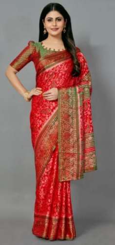 Red Linen Printed Saree by Eshami  by Eshami Onbiz