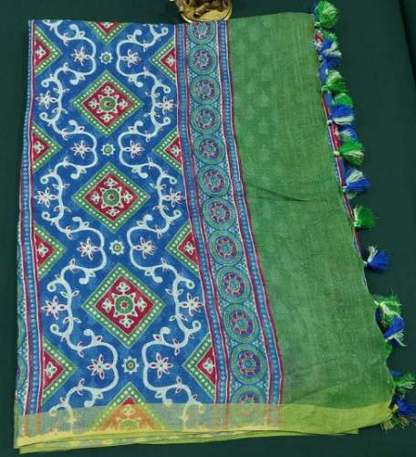 Green and Blue Ajrakh Print Cotton Saree by Mithran Silks