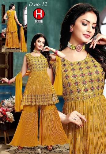 Mustard Yellow Pleated Designer Sharara Suit  by Shivkripa Creation