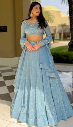 Blue Sequin Flared Lehenga Choli by Kreeva Lifestyle