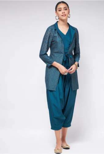  Womens Festive Top And Dhoti Pant With Block Printed Jacket Set