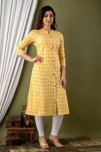 A line Stand Collar Yellow Casual Kurti  by Avanta India