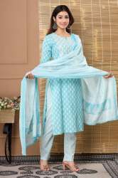 Sky Blue Cotton Kurti Pant With Dupatta Set 