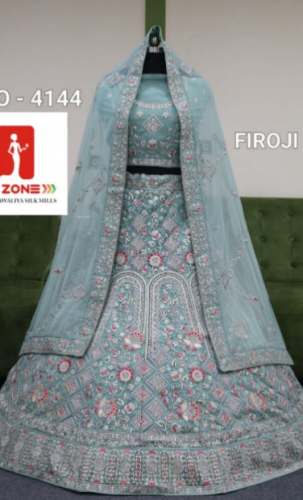 Firozi Velvet Embroidery Lehenga Choli by Shree Sawaliya Silk Mills