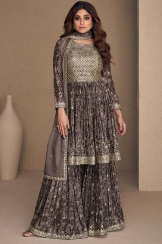 Moss Green Festive Wear Silk Sharara Suit  by Empress Clothing