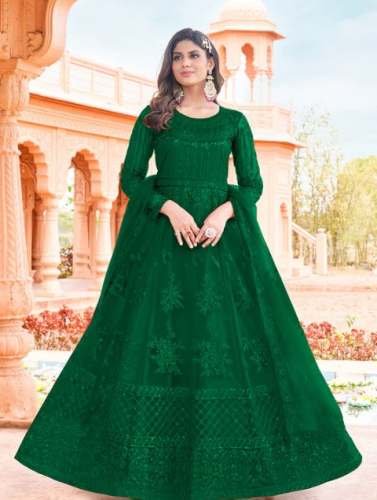 Semi Stitched Dark Green Net Anarkali Suit  by Empress Clothing