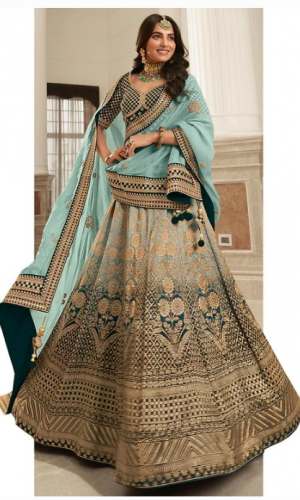 Teal Blue Semi Stitched Wedding lehenga  by Empress Clothing