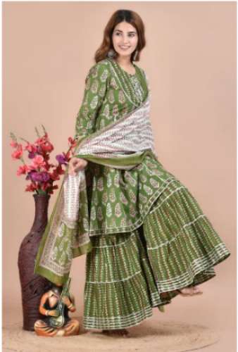 Green color Ladies Cotton printed Wedding Wear Sharara Suit  by Sanvi Creation
