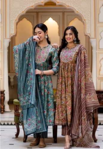 multi color designer fancy silk Lucknowi work Anarkali Suit by Sanvi Creation