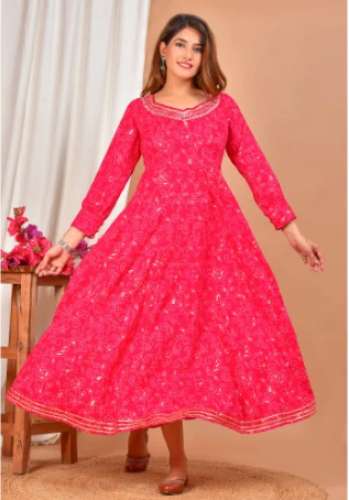 pink color Long Flair desinger Cotton printed Gown by Sanvi Creation
