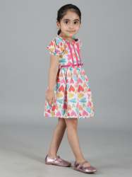 Hot Pink Linen Heart Print Kids Girls Frocks