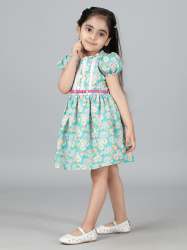 SEA GREEN FLOWER PRINT FIT KIDS FROCK 