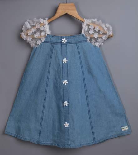 Party wear denim frock for baby girl with Butterfly patch and flowers-daiichi.edu.vn